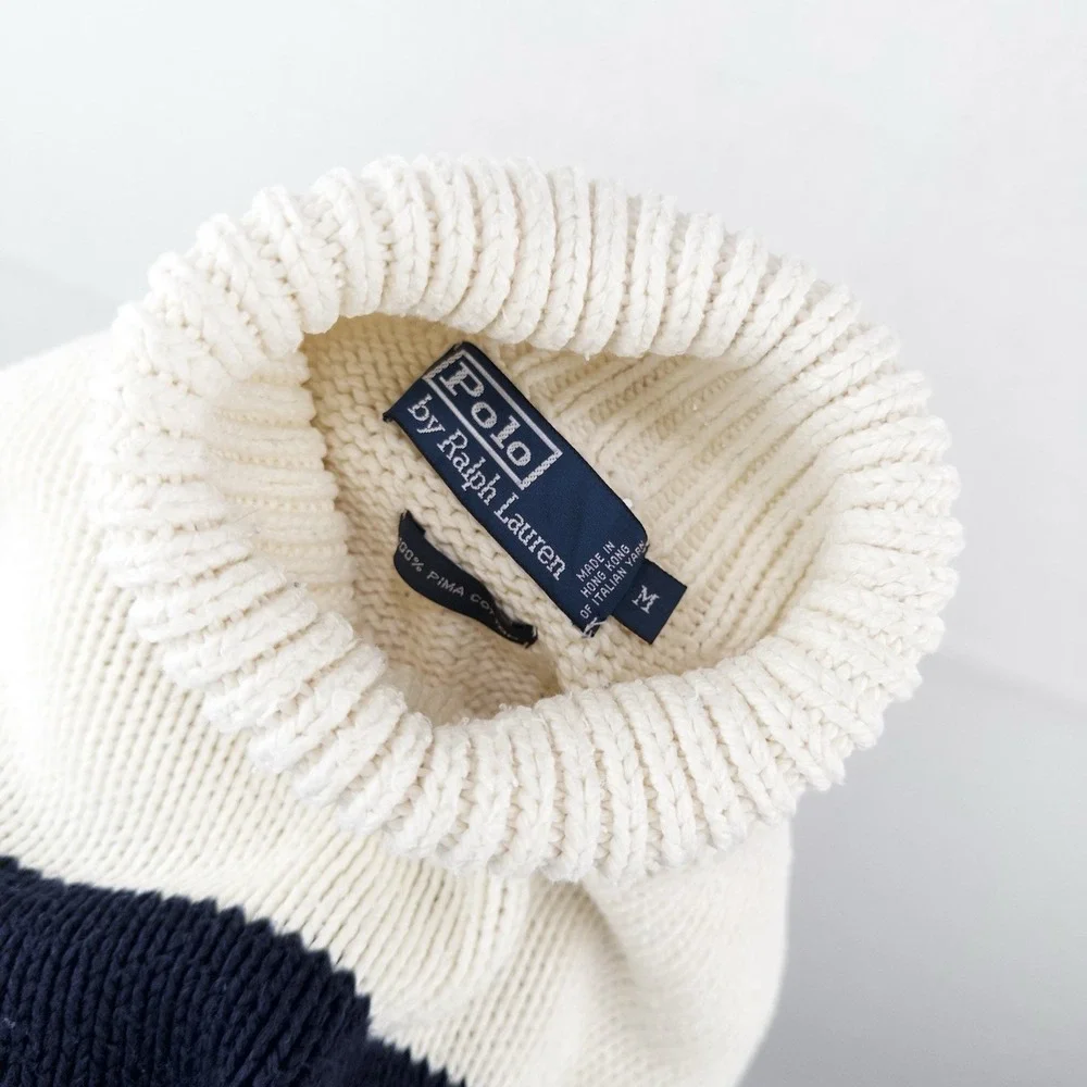 90's Vtg Polo Ralph Lauren Turtleneck Sweater #3 Men's M White Navy Pima Cotton